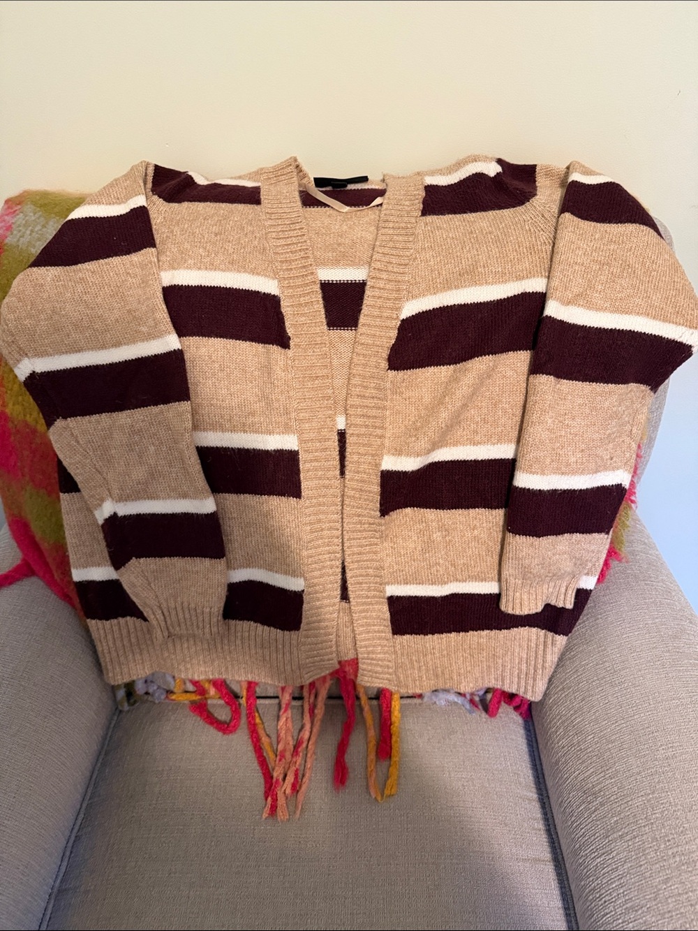 Lane Bryant Striped Open Cardigan in Beige, White & Burgundy- only worn once!!!